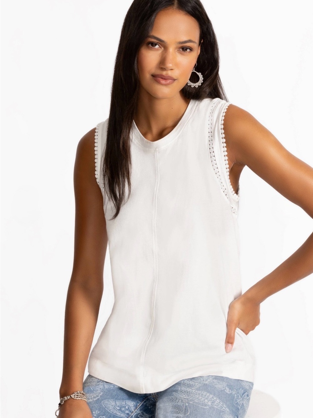 JOHNNY WAS | Calme Crochet Crewneck Tank in White, Size XS